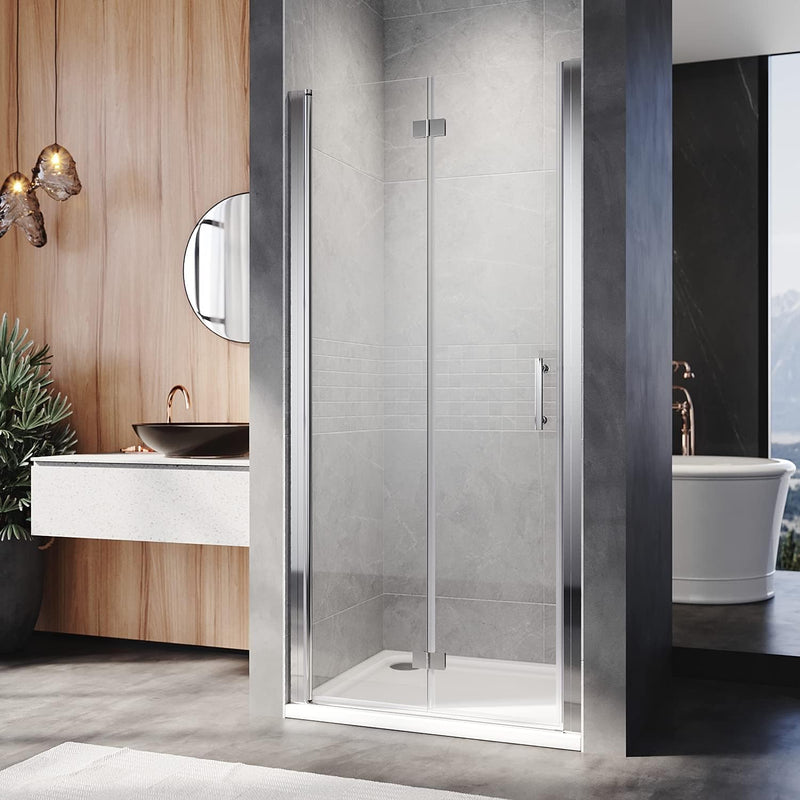 Linea chrome frameless bifold shower doors UK with 5mm clear safety glass