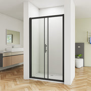Close-up of Linea black shower door showing matt black frame, premium rollers and clear safety glass