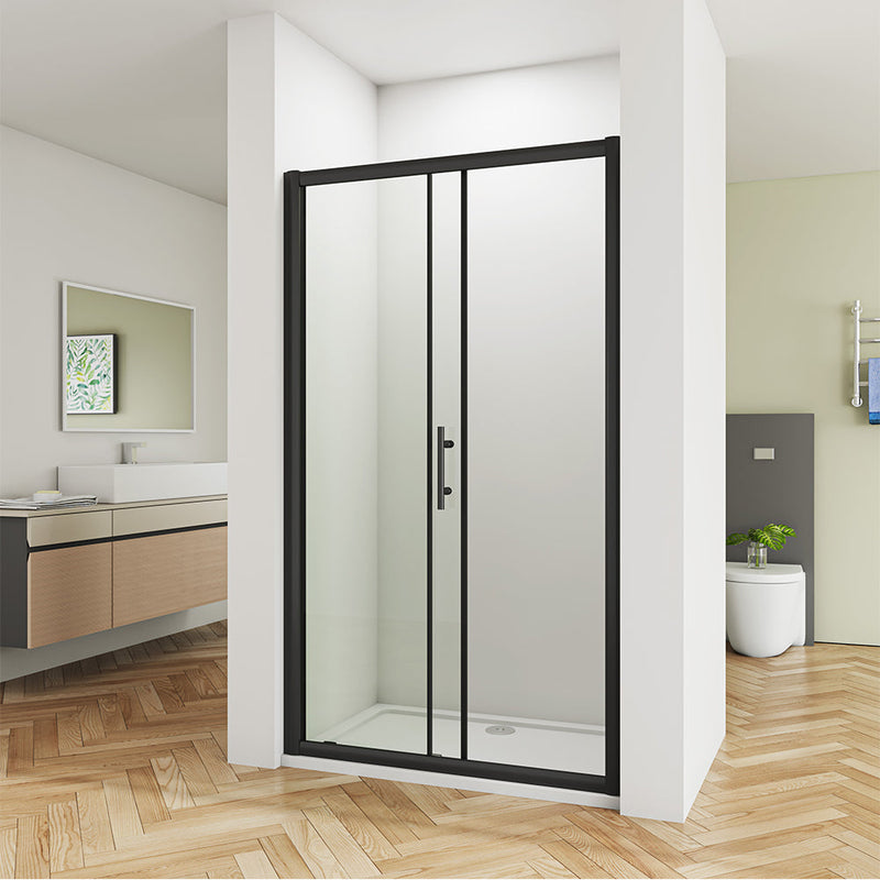 Close-up of Linea black shower door showing matt black frame, premium rollers and clear safety glass