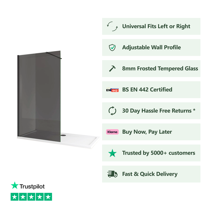 Front view of Linea black framed smoked glass walk-in shower panel with 8mm tempered safety glass