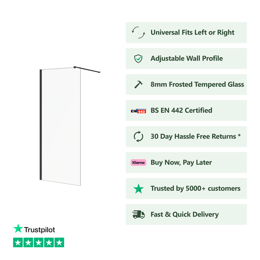 Front view of Linea black framed walk-in shower screen with clear tempered safety glass
