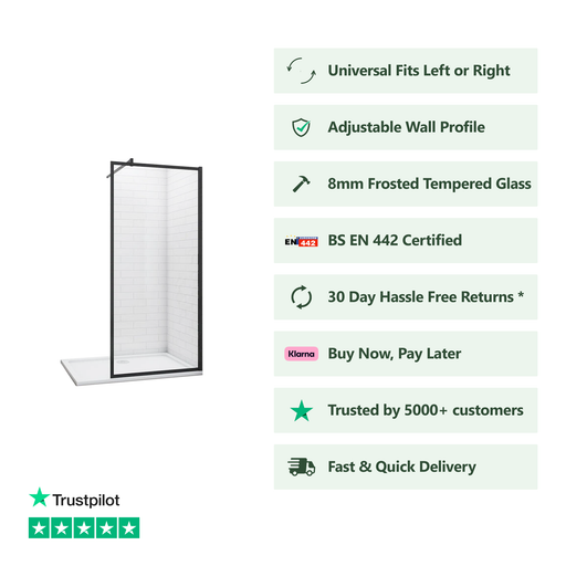 Front view of Linea black framed walk-in wetroom screen with clear tempered safety glass