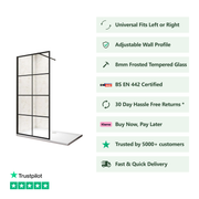 Front view of Linea black grid wet room shower screen with clear tempered safety glass