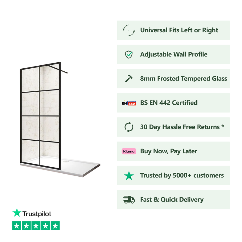 Front view of Linea black grid wet room shower screen with clear tempered safety glass