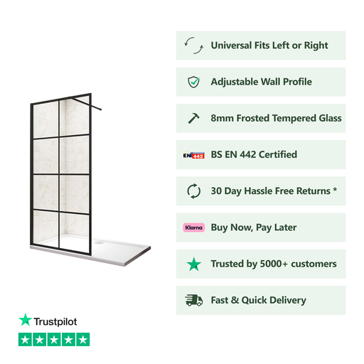 Front view of Linea black grid wet room shower screen with clear tempered safety glass
