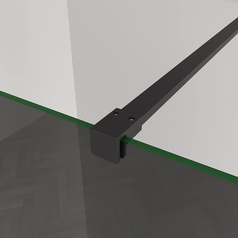 Linea smoked glass walk-in shower screen with black support bar and concealed fixings