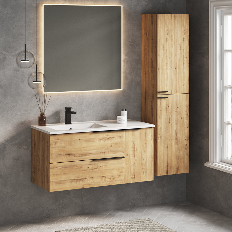 Banyetti Celtic Duo Ostippo Oak Wall Hung Vanity Unit with Matt Black Handles - Select Size