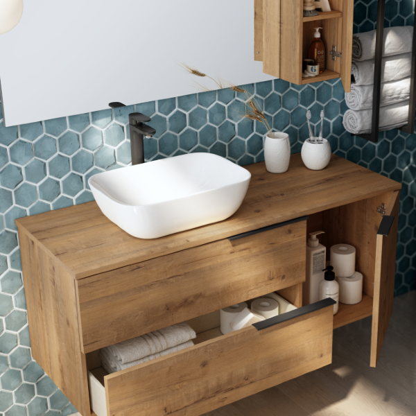 Banyetti Celtic Duo 800mm Wall Hung Basin Unit with Door & Worktop - Ostippo Oak