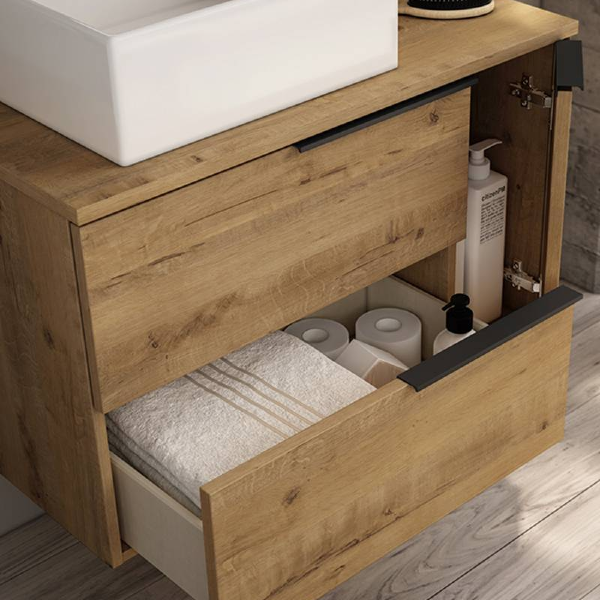 Banyetti Celtic Duo 800mm Wall Hung Basin Unit with Door & Worktop - Ostippo Oak