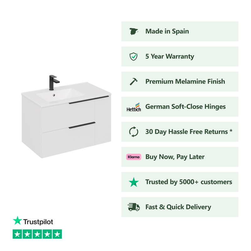 Banyetti Celtic Duo Wall Hung Vanity Unit with White Lira Offset Basin - 800mm Gloss White