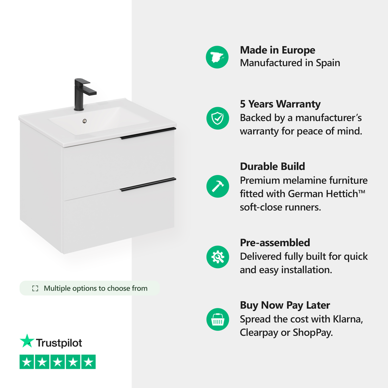 Banyetti Celtic Gloss White Wall Hung Vanity Unit with Matt Black Handles - Select Size