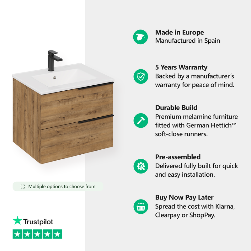 Banyetti Celtic Ostippo Oak Wall Hung Vanity Unit with Matt Black Handles - Select Size