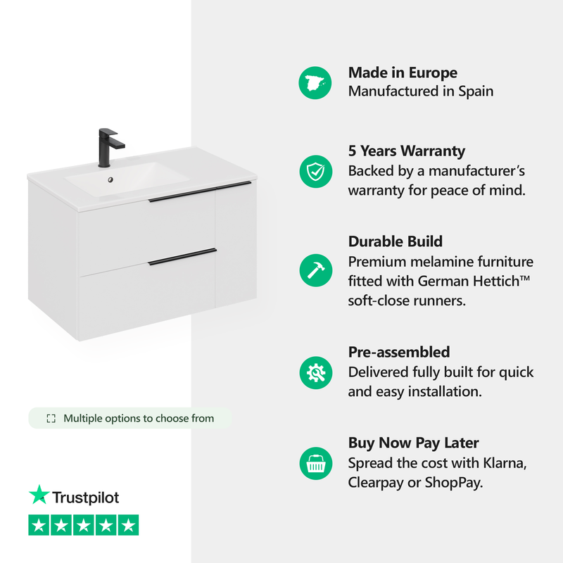 Banyetti Celtic Duo Gloss White Wall Hung Vanity Unit with Matt Black Handles - Select Size