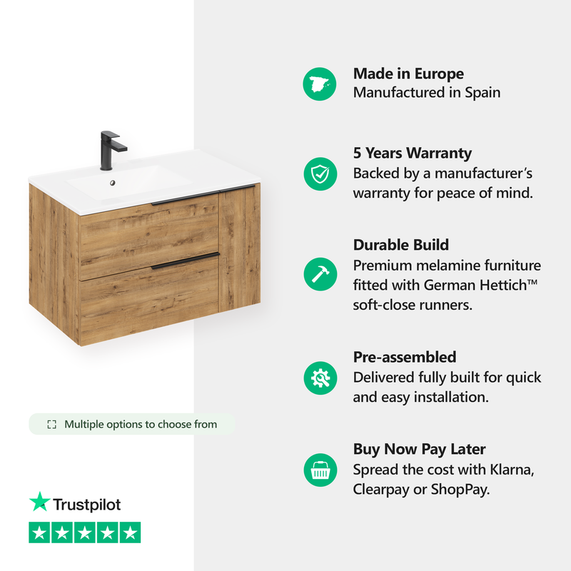 Banyetti Celtic Duo Ostippo Oak Wall Hung Vanity Unit with Matt Black Handles - Select Size