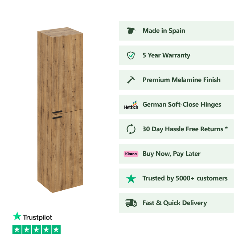 Banyetti Celtic 1500mm Wall Hung Tall Cabinet with Matt Black Handles - Ostippo Oak