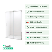 Front view of Linea chrome frameless sliding shower door with polished chrome frame and crystal clear glass