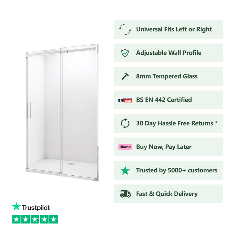Front view of Linea chrome frameless sliding shower door with polished chrome frame and crystal clear glass