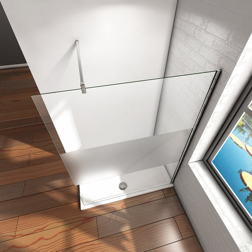 Front view of Linea chrome framed clear frosted glass walk-in shower screen with 8mm tempered safety glass