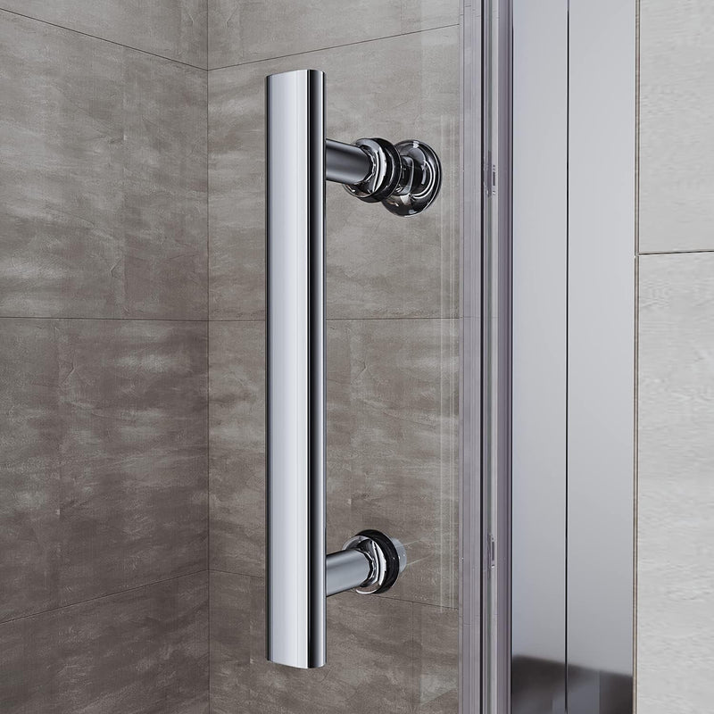 Close-up of polished chrome handle on frameless pivot shower door