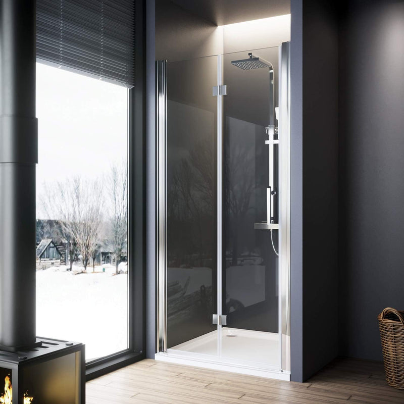 Chrome wall profile and 5mm clear glass on a frameless bifold shower door