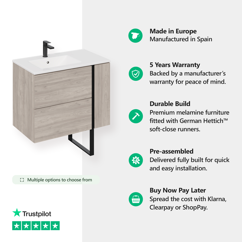 Banyetti Evora Iron Oak Wall Hung Vanity Unit with Matt Black Handles - Select Size