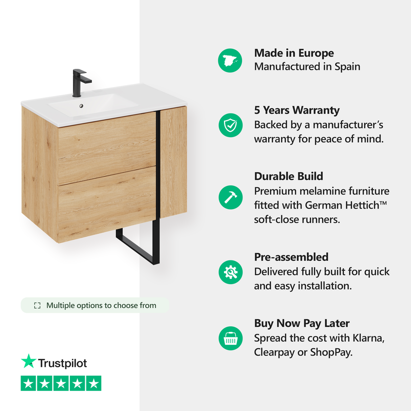 Banyetti Evora Natural Oak Wall Hung Vanity Unit with Matt Black Handles - Select Size