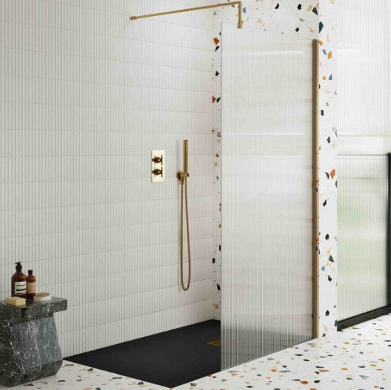Linea 800mm Walk-In Shower Panel 8mm Fluted Glass - Brushed Brass