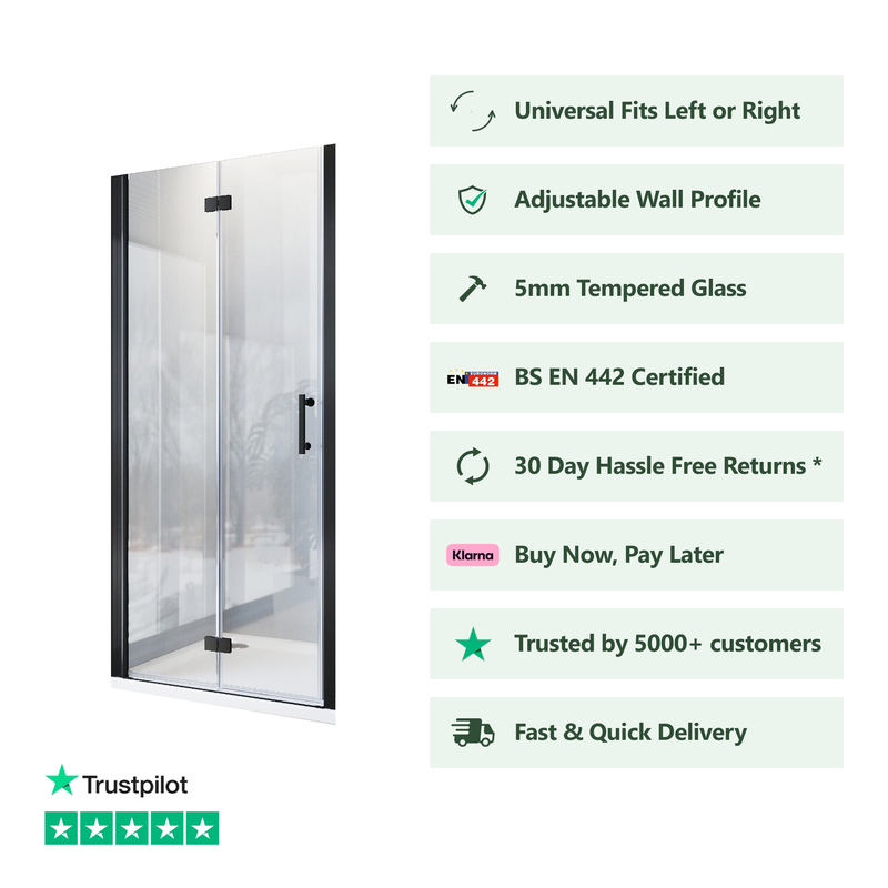 Front view of black frameless bifold shower door with 5mm clear glass