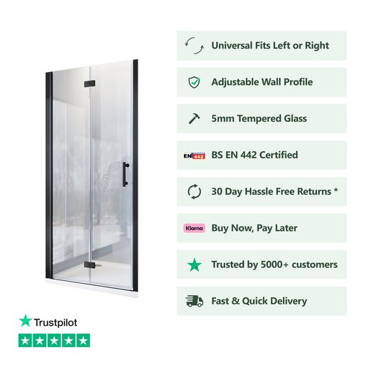 Front view of black frameless bifold shower door with 5mm clear glass