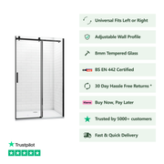 Front view of Linea black frameless sliding shower door with 8mm clear glass