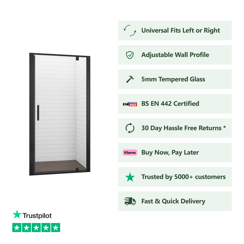 Front view of Linea black framed pivot shower door with 6mm clear glass