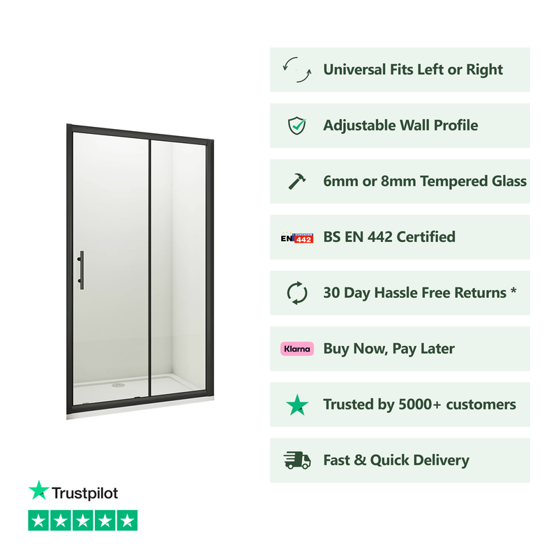 Front view of Linea black framed sliding shower door with 8mm clear glass