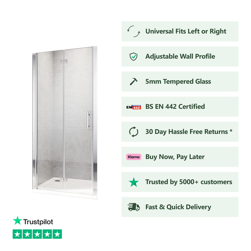Front view of Linea chrome frameless bifold shower door with 5mm clear glass