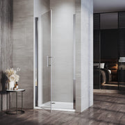 Front view of Linea chrome frameless pivot shower door with 6mm clear glass
