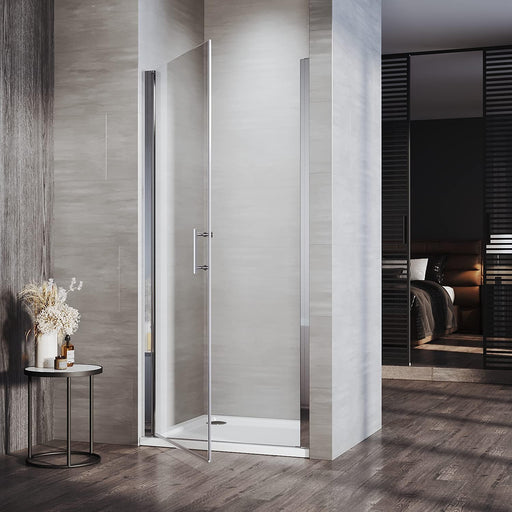Front view of Linea chrome frameless pivot shower door with 6mm clear glass