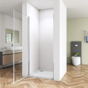 Front view of chrome frameless pivot shower door with 6mm clear glass