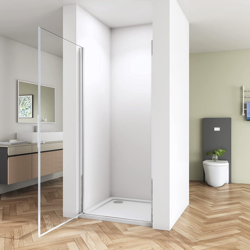 Front view of chrome frameless pivot shower door with 6mm clear glass