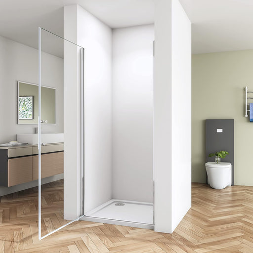 Front view of chrome frameless pivot shower door with 6mm clear glass