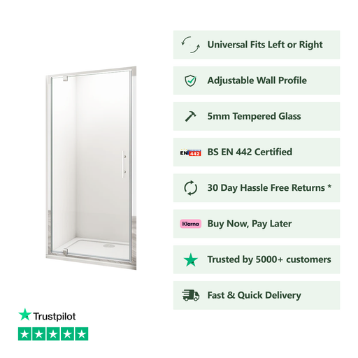 Front view of Linea chrome framed pivot shower door with 6mm clear glass
