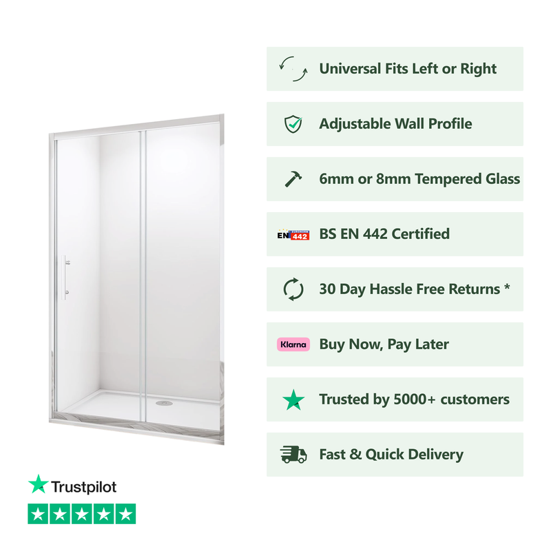 Front view of Linea chrome framed sliding shower door with 6mm clear glass