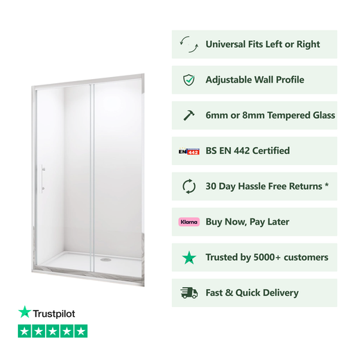 Front view of Linea chrome framed sliding shower door with 6mm clear glass