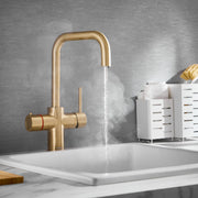 3‑in‑1 kitchen tap brushed brass – front view of HB KoGE square‑spout boiling‑water kitchen tap in brushed brass finish