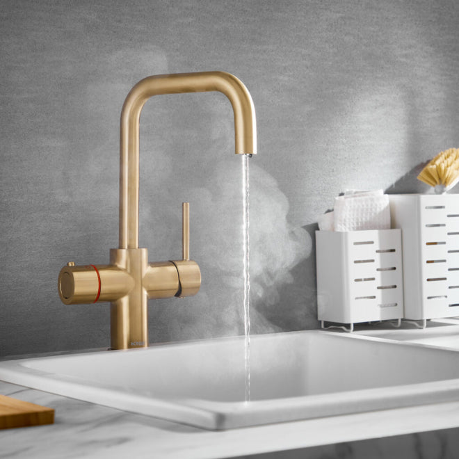 3‑in‑1 kitchen tap brushed brass – front view of HB KoGE square‑spout boiling‑water kitchen tap in brushed brass finish