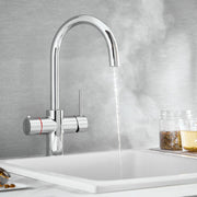 4‑in‑1 kitchen tap chrome – front view of HB KoGE chrome swan‑neck mixer tap with boiler unit
