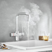 3‑in‑1 kitchen tap chrome – front view of HB KoGE square‑spout kitchen tap in polished chrome finish