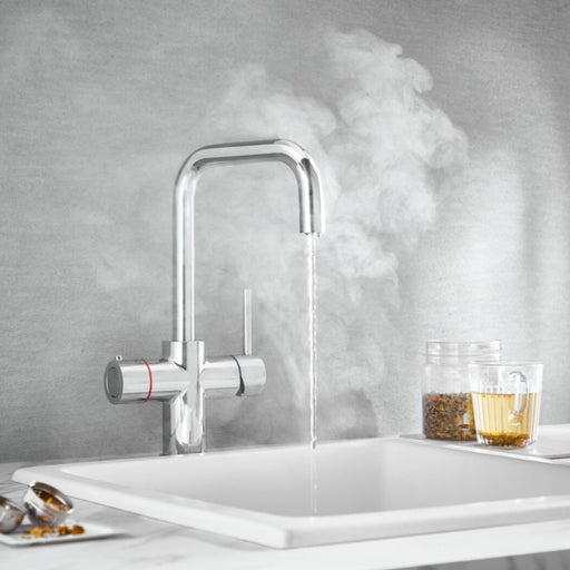 3‑in‑1 kitchen tap chrome – front view of HB KoGE square‑spout kitchen tap in polished chrome finish