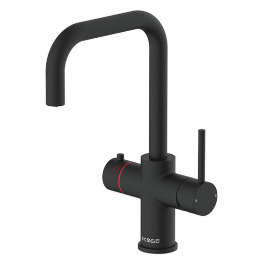 3‑in‑1 kitchen tap matt black – close‑up showing matte black lever handle and square spout of the HB KoGE tap