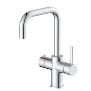 3‑in‑1 kitchen tap chrome – close‑up showing single‑lever handle, square spout and chrome finish on HB KoGE tap