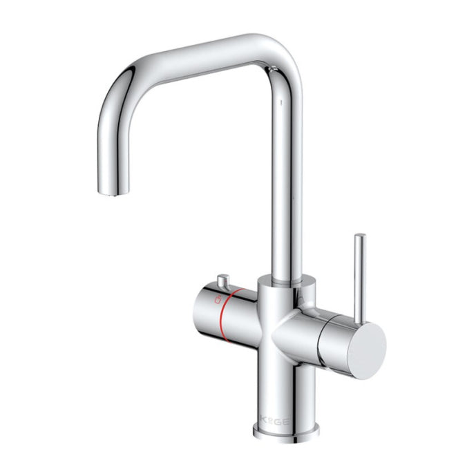 3‑in‑1 kitchen tap chrome – close‑up showing single‑lever handle, square spout and chrome finish on HB KoGE tap