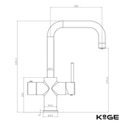 3‑in‑1 kitchen tap brushed brass – specification shot showing height approx 330 mm, reach 210 mm and tap‑hole 35 mm in brushed brass finish